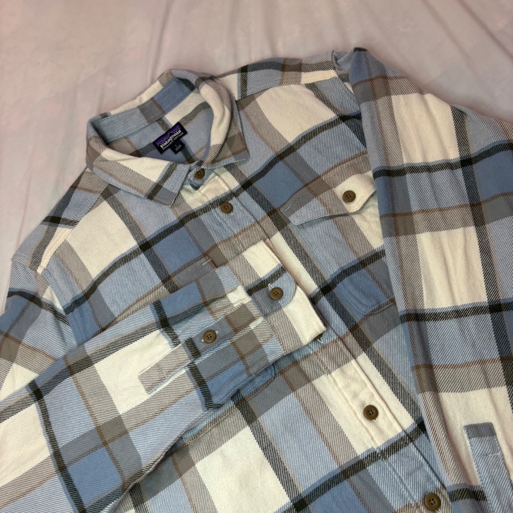 Patagonia Fjord Flannel Shirt Mens Large Organic Cotton Blue Plaid Long Sleeve